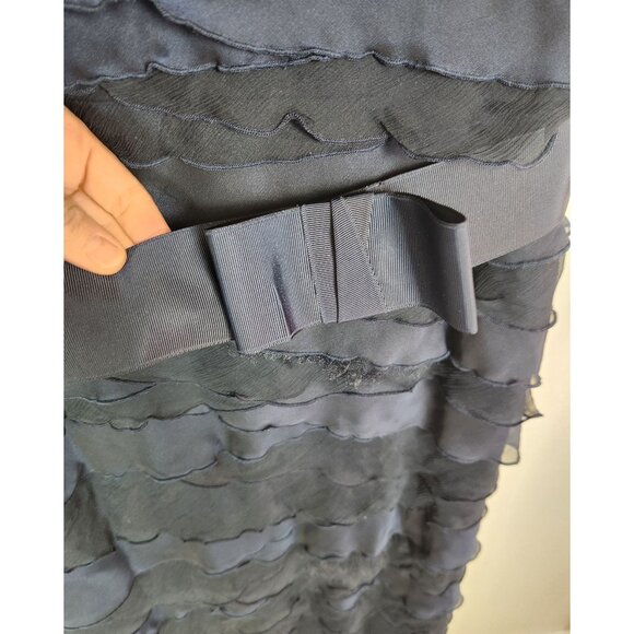 Tadashi Shoji Women's Sz.10 Navy Ruffle Silk Tiered Maxi Belted Cocktail Dress - Picture 4 of 9